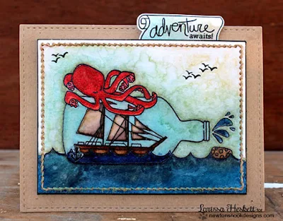 Kraken & ship in a bottle card by Larissa Heskett | Message in a Bottle Stamp set by Newton's Nook Designs