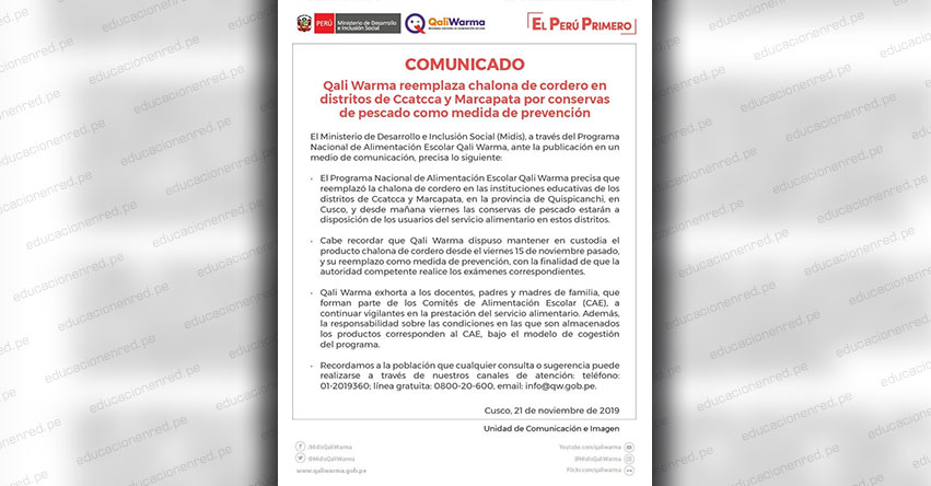 COMUNICADO MIDIS: Qali Warma reemplaza chalona de cordero en distritos de Ccatcca y Marcapata (Cusco) por conservas de pescado, como medida de prevención - www.qaliwarma.gob.pe