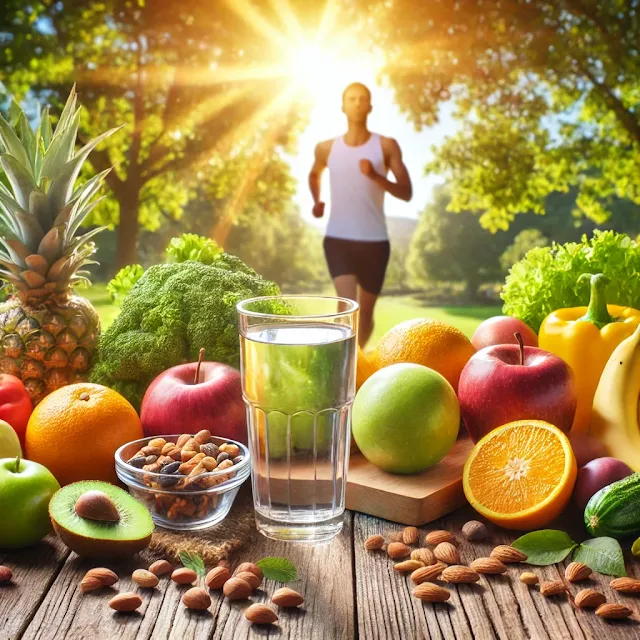 A vibrant display of fresh fruits, vegetables, nuts, and a glass of water on a wooden table, with a fit person jogging in the background, symbolizing a healthy and active lifestyle.
