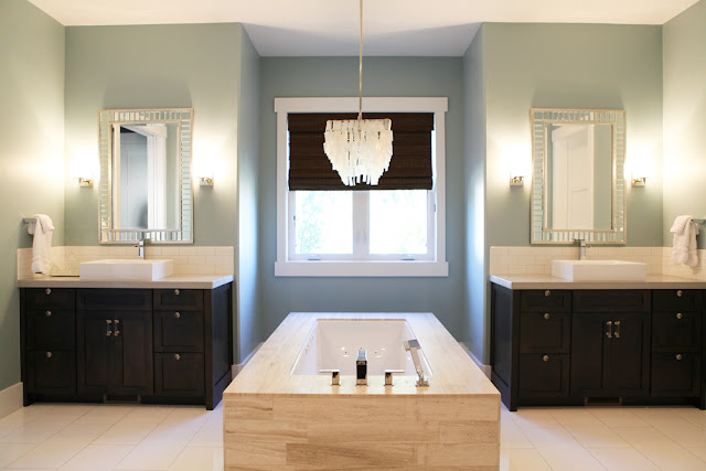 Brooke Jones Designs Master Modern Bathroom Capiz Chandelier Limestone Tub Custom Cabinetry