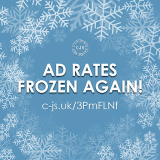 snow flakes on a blue background. Text reads: Ad rates frozen again!