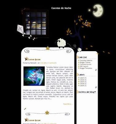 Cuentos De Noche Blogger Templates 2 Columns, Fixed Width, Black, Rounded Corners, white
