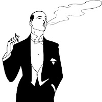 Drawing of a man in a tux blowing smoke