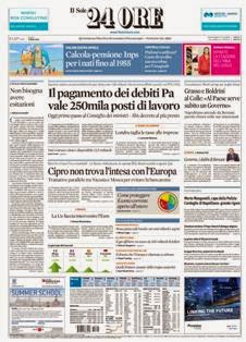 Il Sole 24 Ore del 21 Marzo 2013 | ISSN 0391-786X | PDF HQ | Quotidiano | Economia | Finanza | Politica
Il Sole 24 Ore è il quotidiano economico più venduto tra quelli pubblicati in Italia e il terzo giornale d'informazione più venduto nel paese dopo il Corriere della Sera e La Repubblica.
La testata nacque il 9 novembre 1965 dalla fusione di due quotidiani: Il Sole, fondato nel 1865, e 24 Ore, nato nel 1946.