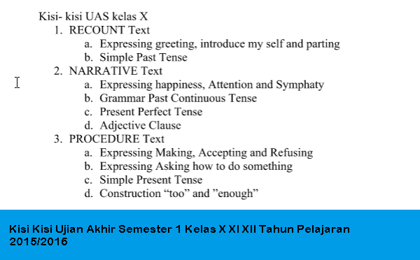 Kisi Kisi Ujian Akhir Semester 1 Kelas X XI XII Tahun Pelajaran 2015/2016