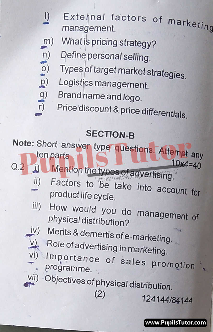 Haryana State Board of Technical Education (HSBTE) FAA (Finance Accounts And Auditing) Marketing Management / Principles Of Marketing Fourth Semester Important Question Answer And Solution - www.pupilstutor.com (Paper Page Number 2)