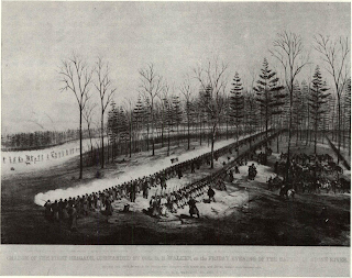 Col. M. B. Walker, U.S., gave order for his brigade to charge after firing volley with bayonets fixed. In distance, Rebel skirmishers were deployed in the advance to draw Union fire while main body of troops stood ready in woods. Range appears about 100 yards but the Minie rifles both sides used were man-killers at 800.