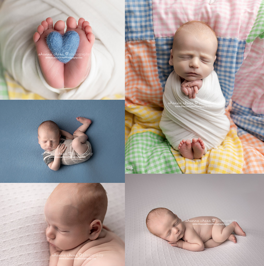 Photo collage of newborn boy asleep on handmade patchwork quilt