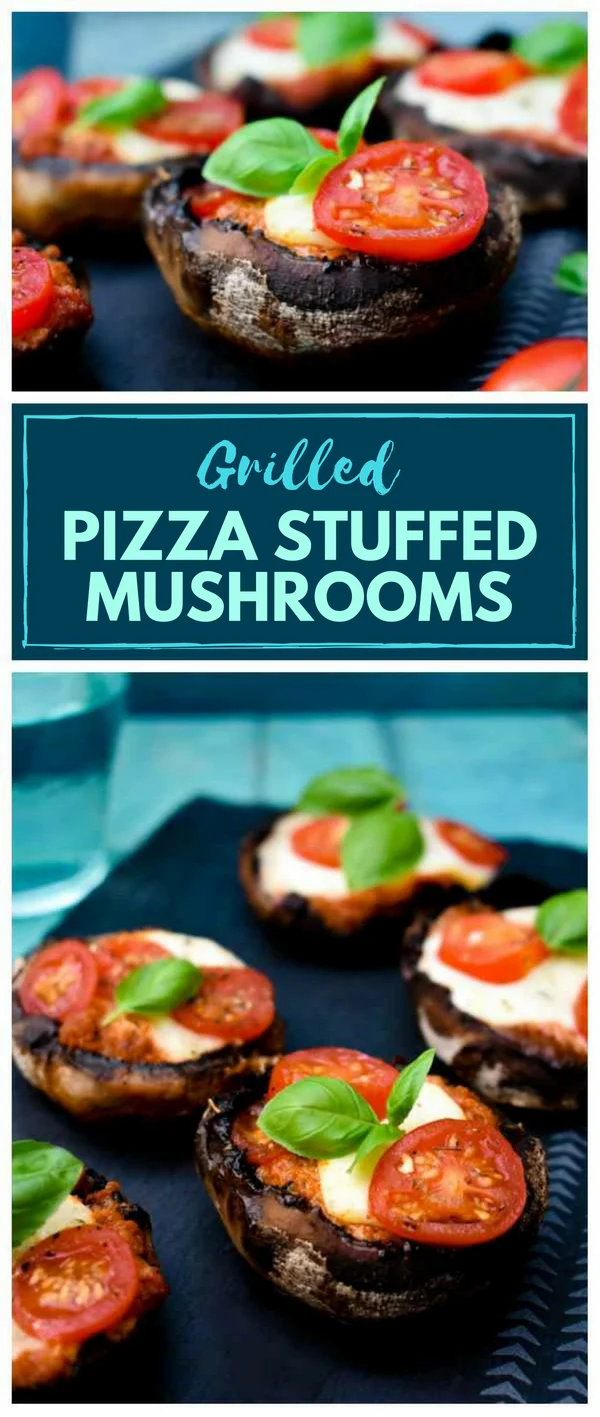 The oozy cheese and tomato filling for these smokey, succulent grilled mushrooms is inspired by pizza toppings. These stuffed mushrooms can be served vegetarian and vegan depending on which cheese you use. Cook on the BBQ or in the oven. #stuffedmushrooms #grilledmushrooms #pizzamushrooms #pizza #BBQ #Grilling #vegetarian #mushrooms #stuffedvegetables 