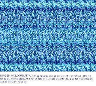 IMAGEN HOLOGRÁFICA: Puede verse un pez en el centro en relieve  ante un fondo del mismo tapiz. Al mirar un rato con la vista desenfocada pueden verse tres en vez de dos dimensiones.