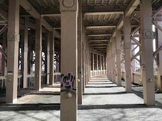 A photo showing iron pillars of the bridge running off into the distance.  They are painted a very pale brown colour.  Photograph by Kevin Nosferatu for The Skulferatu Project.