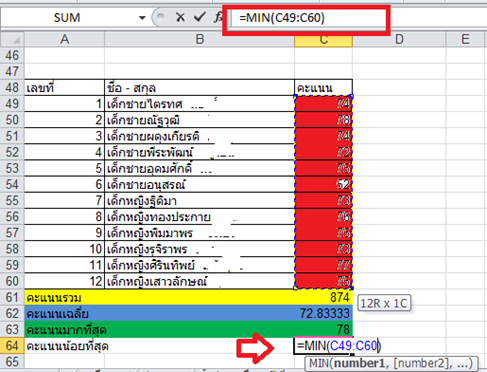 การหาค่าคะแนนที่น้อยที่สุดใน Microsfot excel