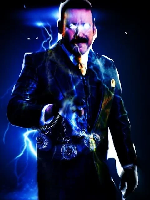 Powerful man smoking cigar wearing leather blazer with glowing eyes