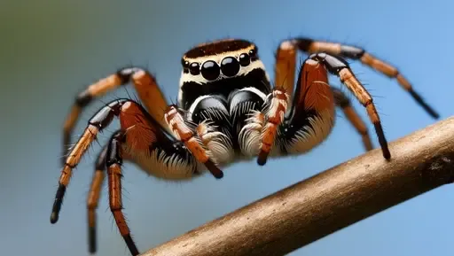 A jumping spider on a branch, displaying alert body language and wide eyes, emphasizing the importance of studying its behavior.