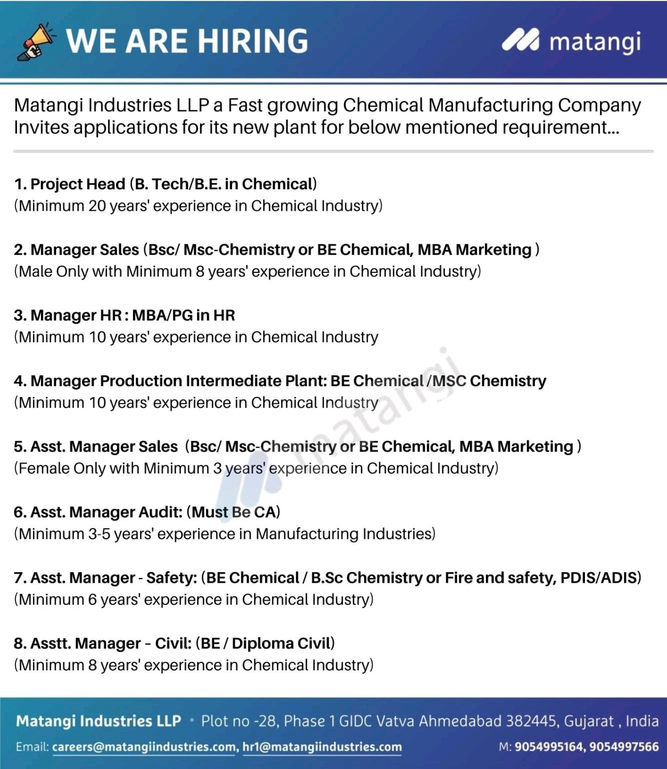 Job Available's for Matangi Industries LLP B Tech/ BE Chemical/ BSc/ MSc Chemistry/ MBA/ CA/ Diploma Civil