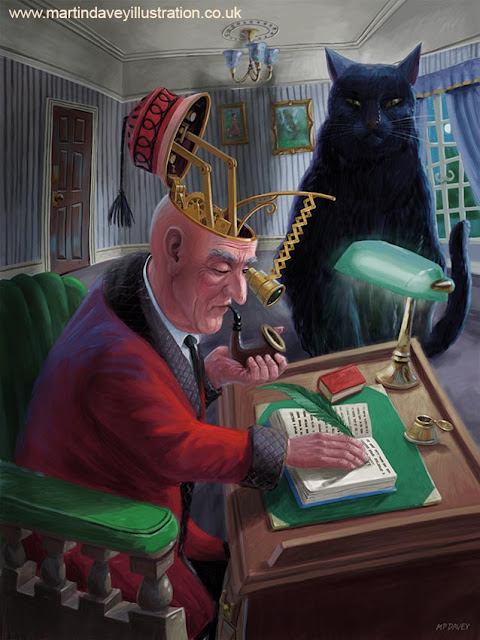 author at desk with giant cat surreal art by Davey