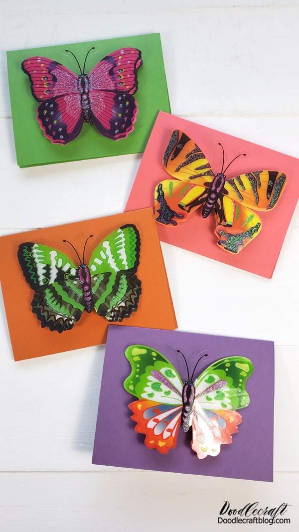 Which of these vibrant butterfly cards do you like best?   I love the green card with the bright pink butterfly!  When I was little I loved finding and collecting monarch butterfly caterpillars and raising them in my backyard in a jar or a shoe box. I'd collect leaves and milk weed plants and stick them in the box with my caterpillars.  With one particular caterpillar, I wanted to make him so comfy that he'd transform into a butterfly before my eyes. I put him in a shoe box with all the food and a little lid of water. Perfect, right?  Well, I he never even had a chance to make a cocoon.  I came home from school the next day to find that my older brother had taken my caterpillar out of it's little shoe box home. I'm guessing he played with it for a while...and then shoved it into the fan of the air conditioning unit in our backyard. 😠​  Ugh. I was so mad. Clearly, I still haven't forgiven him completely for this! 😂​ Haha. Poor little caterpillar.   Now I just enjoy seeing butterflies around my yard. I love their vibrant colors and graceful demeanor.   The perfect subject for a pop-up card!