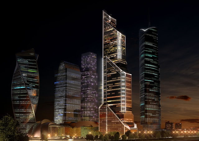 Rendering of new Moscow's skyline at night