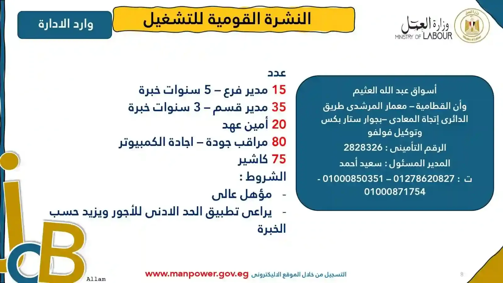 وظائف وزارة العمل بالقاهرة