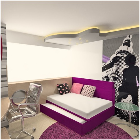 Bedroom for teenage girl who loves music. Dorm in fuchsia, white and black colors.