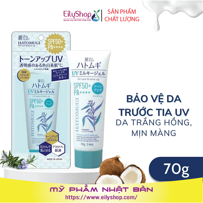 Kem chống nắng Kumano Yushi Reishiro Hatomugi SPF50 + PA ++++ nâng tông, dưỡng ẩm da 70g xanh bạc hà - Shop Mỹ Phẩm Nhập Khẩu Thailan