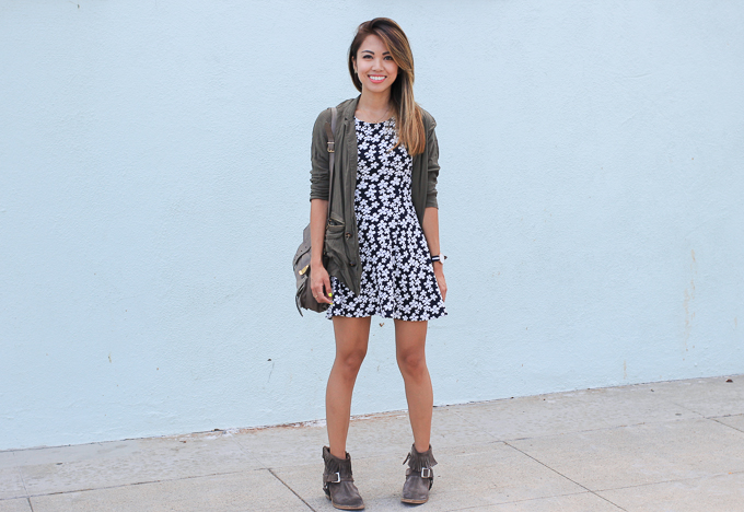 H&M Floral Dress, PS1 Medium Smoke, All Saints Suede Boots, Daniel Wellington Grace Glasgow