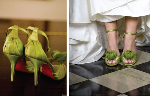 Cute bright green peep toes heels with a bow.