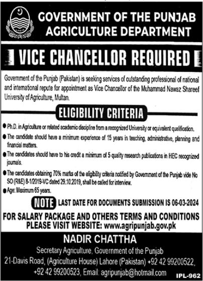 Agriculture Department Management Jobs In Multan 2024