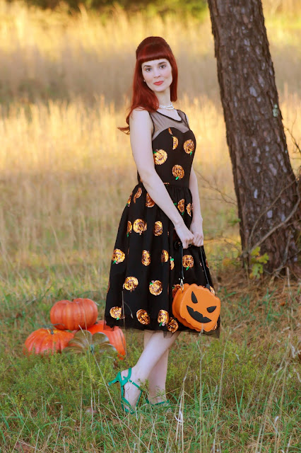 Black Mesh & Orange Sequin Pumpkins Vanity Swing Dress from Unique Vintage