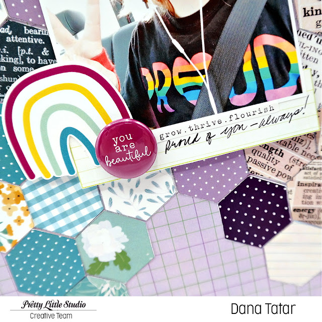 Teen Pride Scrapbook Layout with Rainbow Hexagon Patchwork Background and Die-Cuts