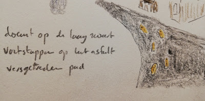 Voetstappen in het asfalt tekening met haiku