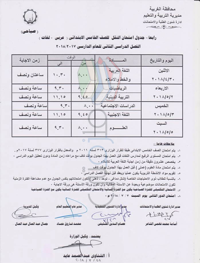 جدول امتحانات الصف الخامس الابتدائي 2018 الترم الثاني محافظة الغربية