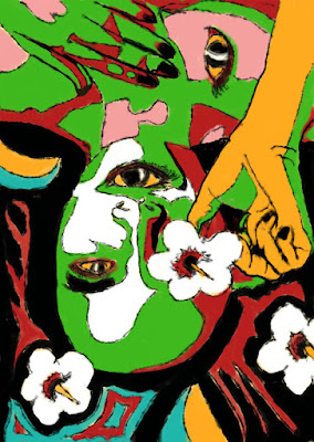 Upside down face in psychedelic colours with eyes where mouth and shoulder should be. Flowers and abstract shapes in background.