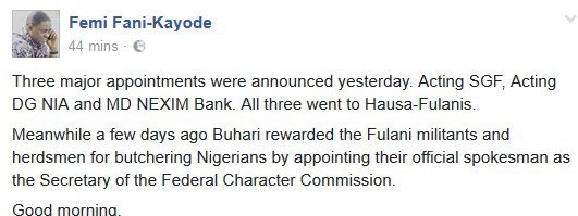 Femi Fani Kayode blasts Buhari for appointing 3 Fulanis in one day