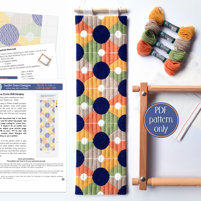 Judith Drew Designs navy circles long stitch needlepoint wall hanging pattern and instructions to download.