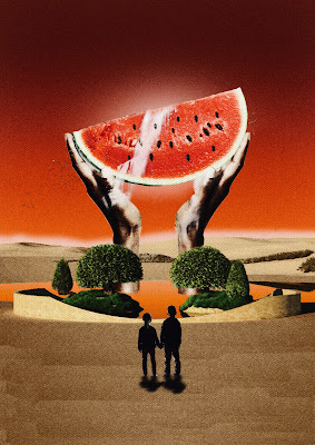 Collage called "O' The Almighty Watermelon" by Nalendra Ezra a.k.a Ejura, an artist in Indonesia, for Artists on the Lam's inaugural zine, LAMINATOR, created by Jenny Lam