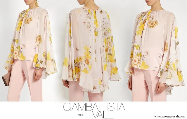 Crown Princess Mary wore Giambattista Valli Cape-back Floral-print Silk-georgette Blouse