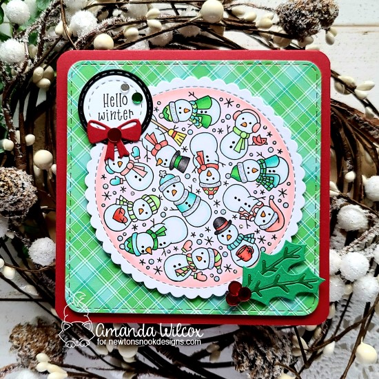 Hello Winter | Snowman Circle Card by Amanda Wilcox | Snowman Roundabout Stamp Set,Circle Frames Die Set and Pines & Holly Die Set by Newton's Nook Designs #newtonsnook #handmade