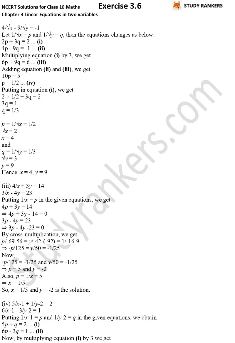 NCERT Solutions for Class 10 Maths Chapter 3 Pair of Linear Equations in Two Variables Exercise 3.6 Part 2