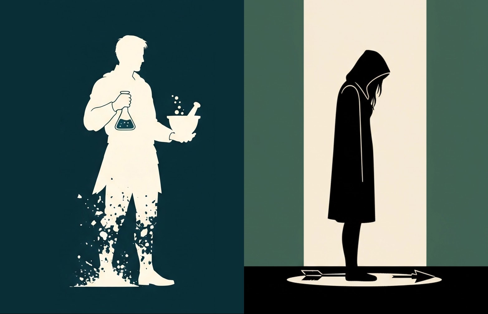 極簡風格的雙聯畫插圖，並置呈現了「創生者」艾德蒙與黛西兩位角色的剪影。左側面板以深藍色為背景，描繪了亮白色的創生者剪影，他正手持著燒瓶與研缽，其下半身則如粒子般崩解消散。右側面板以米白色為背景，兩側飾有深綠色塊，描繪了純黑色的黛西剪影，她戴著兜帽，哀傷地低著頭，一支箭矢橫躺在她腳前的地面上。