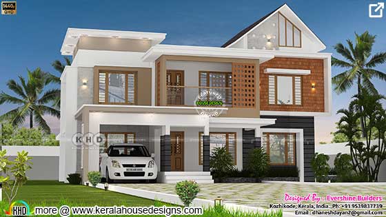 2365 square feet 5 BHK house rendering mixed roof style