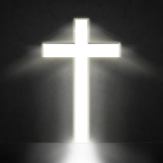 blazing white cross against a dark background