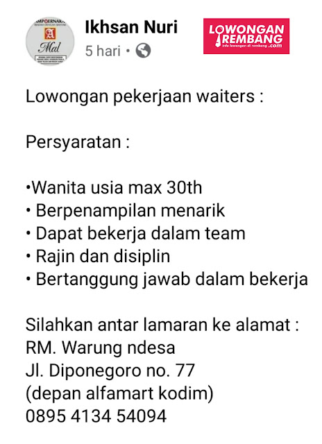 Lowongan Kerja Waiter Rumah Makan Warung Ndesa Rembang Tanpa Syarat Pendidikan