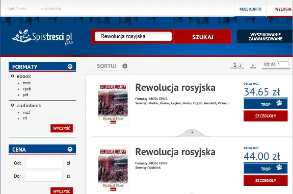 Strona wyników wyszukiwania w porównywarce cen e-booków Spistresci.pl