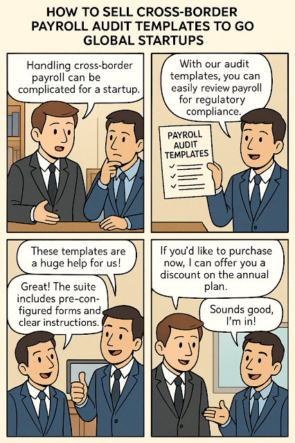 A four-panel digital comic illustrates the process of selling cross-border payroll audit templates to global startups.  Panel 1: A salesperson in a dark gray suit explains to a startup representative in a blue suit, “Handling cross-border payroll can be complicated for a startup.”  Panel 2: The salesperson shows a document titled “Payroll Audit Templates” and says, “With our audit templates, you can easily review payroll for regulatory compliance.”  Panel 3: The startup rep, smiling, replies, “These templates are a huge help for us!” The salesperson responds, “Great! The suite includes pre-configured forms and clear instructions.”  Panel 4: The salesperson offers, “If you’d like to purchase now, I can offer you a discount on the annual plan.” The startup rep says enthusiastically, “Sounds good, I’m in!”
