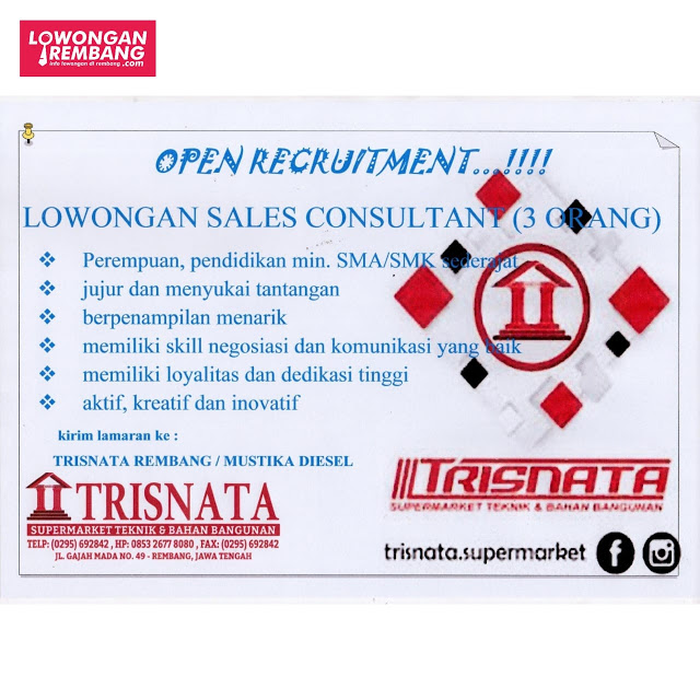 3 Lowongan Kerja Sales Consultant Supermarket Keramik Dan Bahan Bangunan Trisnata Rembang