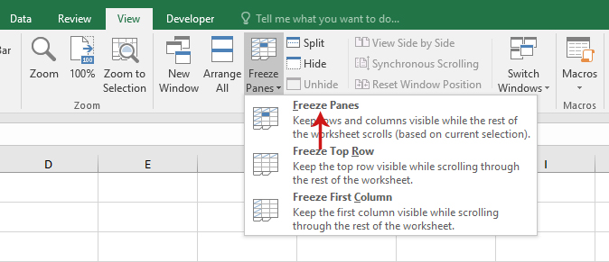 تثبيت صف أو عمود في Excel