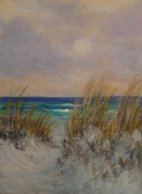 Sunset painting of a beach and sand dunes