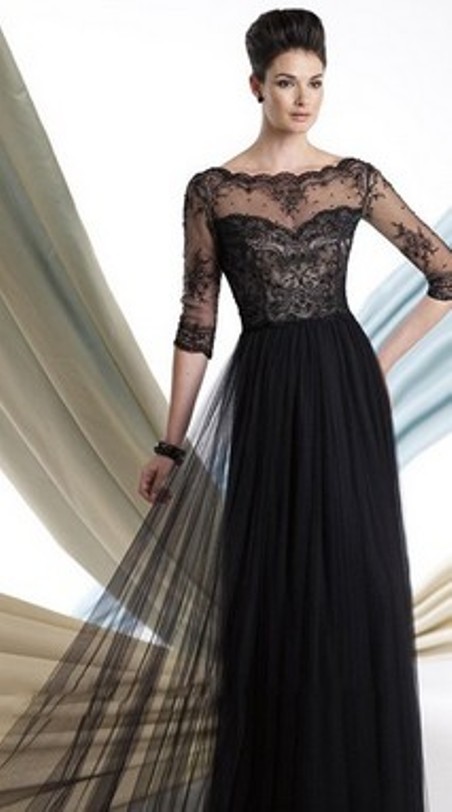 Scoop Neck Black 3/4 Sleeve Tulle Beading Floor-length Evening Dresses-Price: $158.89 (55.0% OFF) 