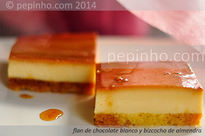 Flan de chocolate blanco y bizcocho de almendra